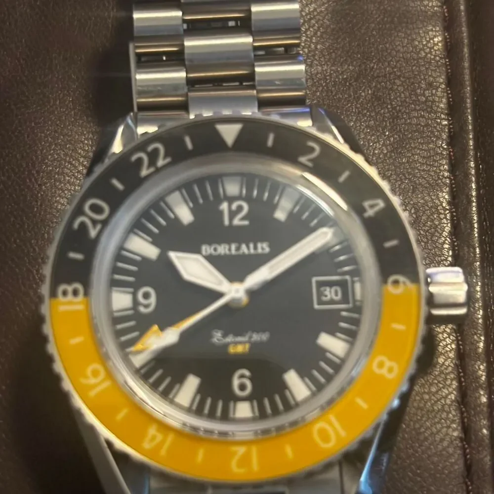 Borealis Estoril 300 GMT Black Dial Arabic Numbers Date Yellow Bezel Version A